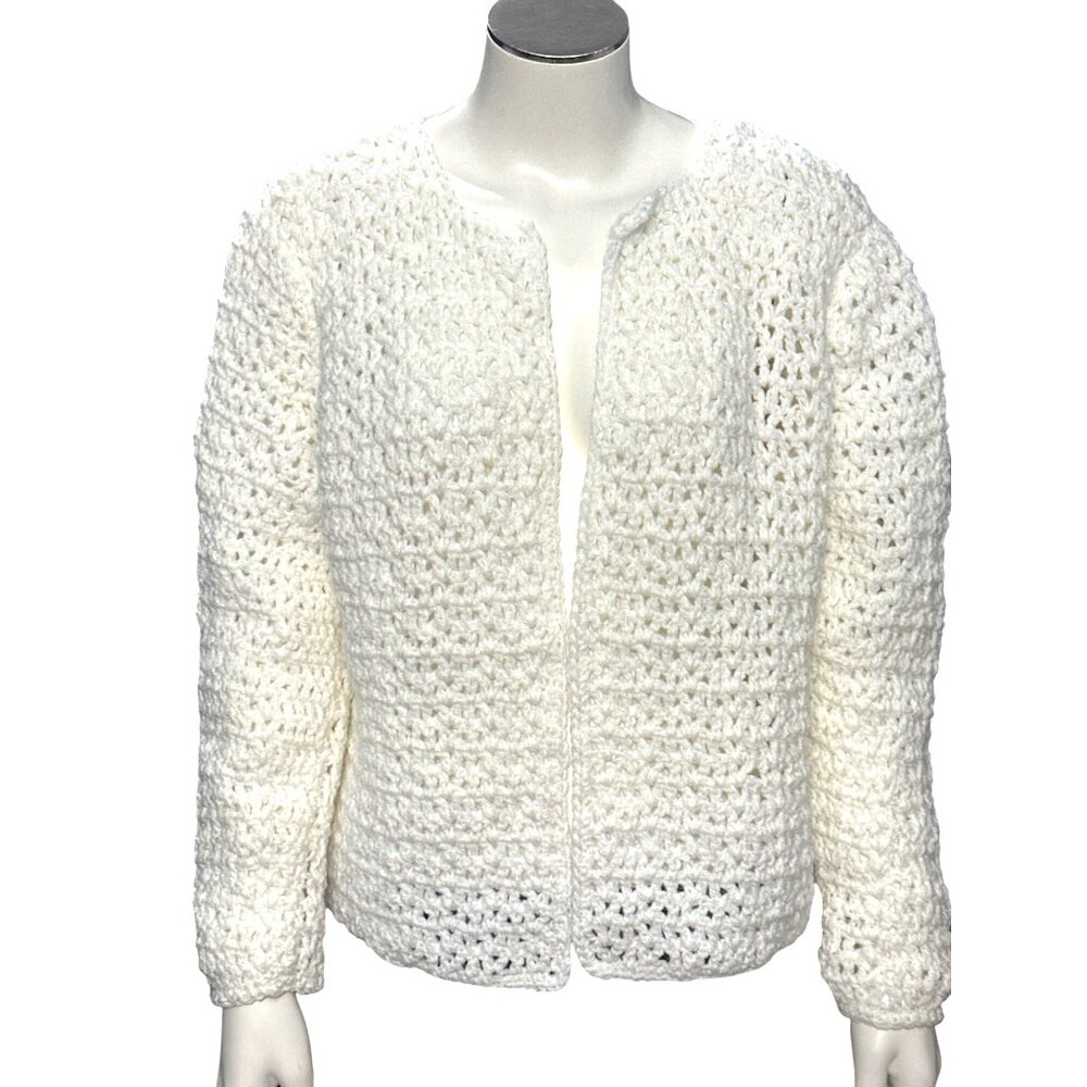 CCC Handmade White Crochet Cardigan Sweater Long Sleeve Open Front Cozy Warm Med